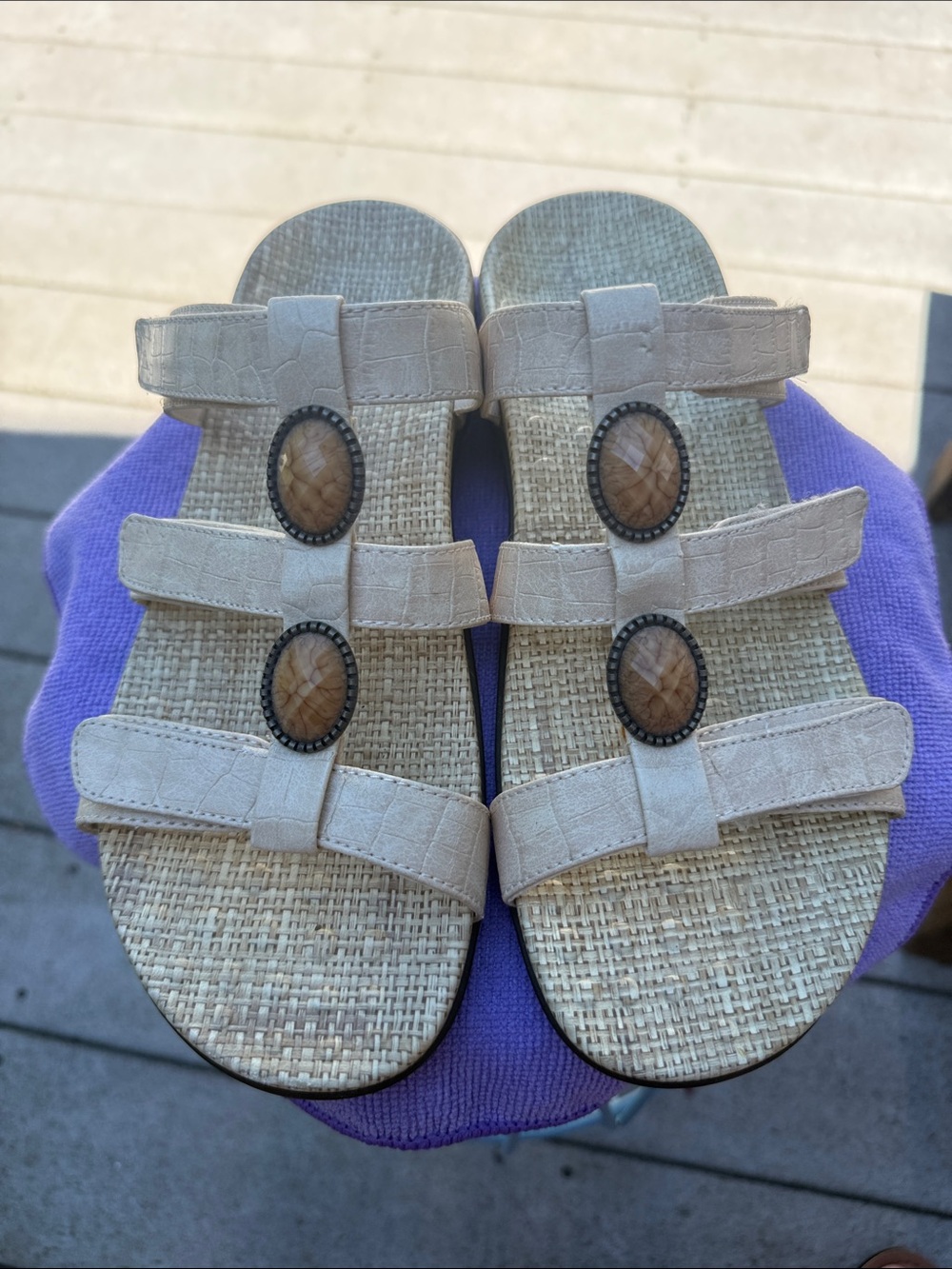 orthaheel Beige Strappy Slide Sandals with Stone Accents